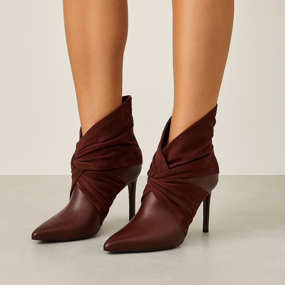 DKNY Y2K Vintage Burgundy Ankle Boot Heels Suede Leather Bow Old Money Quiet Lux